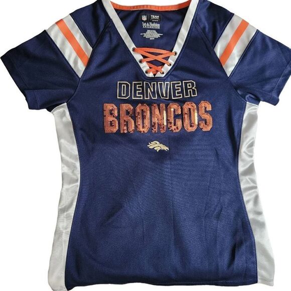 NFL Denver Broncos MEDIUM short sleeved navy and white top with sequin and faux - Picture 1 of 4